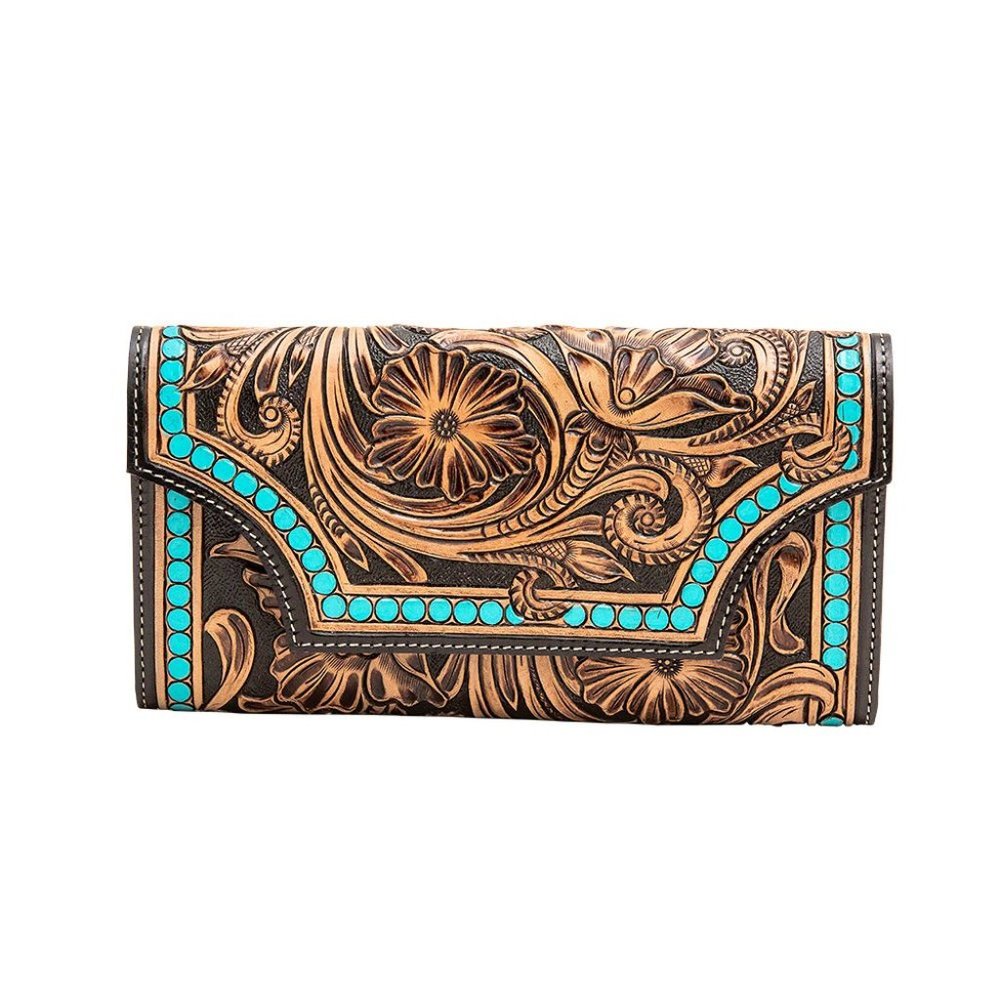 Myra Hand Tooled leather Wallet with Turquoise accents